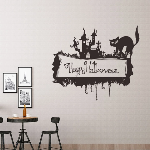 Pegatina de Pared Castillo Gato Negro Halloween Calcomanía de PVC Removible Para Sala Dormitorio Decoración Feliz Halloween