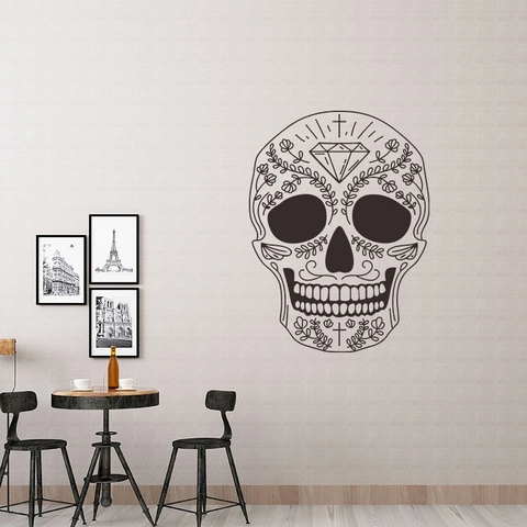 Adesivo da Parete Teschio di Zucchero Giorno dei Morti Messicano PVC Removibile Decalcomania Decorativa Teschio Floreale Nero