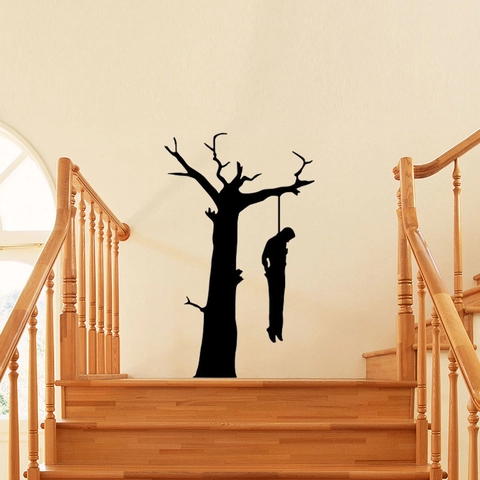Halloween Gruseliger Toter Baum Mit Hängender Person Silhouette Wandaufkleber PVC Horror Party Deko Abnehmbares Kunst Wandbild