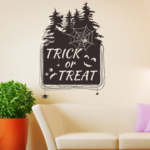 Halloween Trick Or Treat Wandaufkleber Abnehmbar Schwarz PVC Aufkleber Wald Spinnennetz Fledermäuse Geist Für Festive Haus Fenster Deko