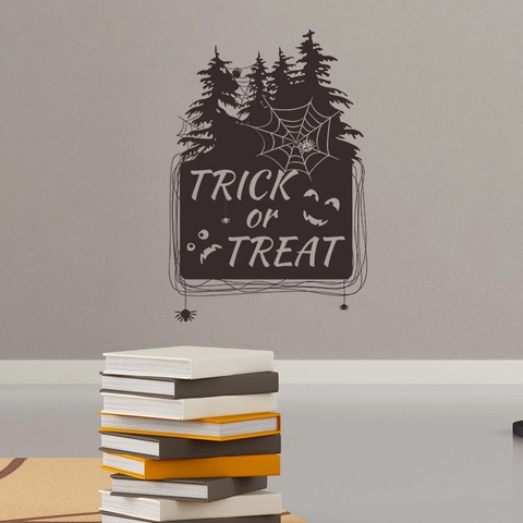 Halloween Trick Or Treat Wandaufkleber Abnehmbar Schwarz PVC Aufkleber Wald Spinnennetz Fledermäuse Geist Für Festive Haus Fenster Deko