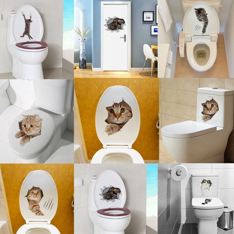 Pegatina de Pared 3D Creativa Dibujos Animados Gato Dinosaurio Ruptura de Pared PVC Impermeable Calcomanía de Inodoro Decoración