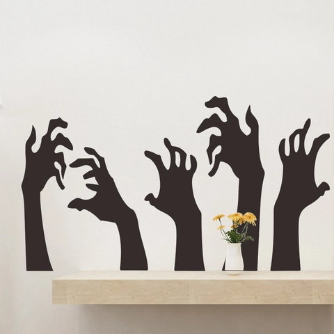 Pegatina de Pared Halloween Silueta de Mano de Zombi Negro PVC Removible Calcomanía Tema Terror Decoración Hogar Sala de Estar Dormitorio