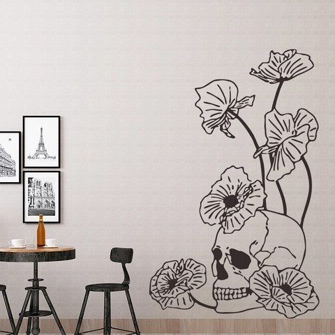 Adesivo da Parete Teschio Gotico Con Fiori in PVC Removibile Autoadesivo Decalcomania per Halloween Soggiorno Decorazione