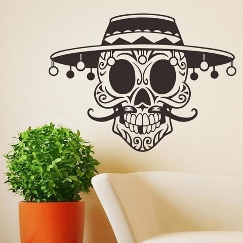 Halloween Mexikanischer Zucker-Schädel Wandtattoo Kreativ Sombrero Skelett PVC Abnehmbar Vinyl Aufkleber Für Wohnzimmer Deko