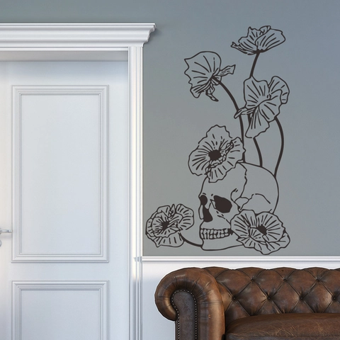 Adesivo da Parete Teschio Gotico Con Fiori in PVC Removibile Autoadesivo Decalcomania per Halloween Soggiorno Decorazione