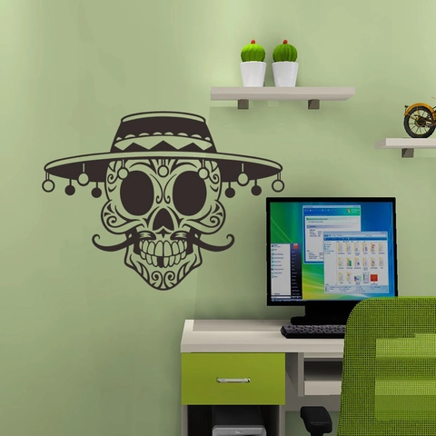 Halloween Mexikanischer Zucker-Schädel Wandtattoo Kreativ Sombrero Skelett PVC Abnehmbar Vinyl Aufkleber Für Wohnzimmer Deko