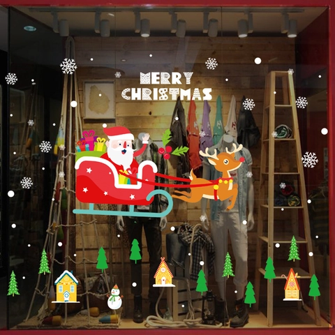 Weihnachten Weihnachtsmann Rentier Schlitten Fensteraufkleber Statische PVC Wandaufkleber Für Laden Glastür Haus Dekoration