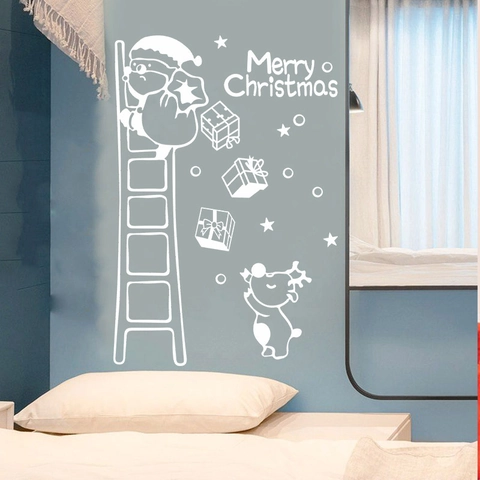 Weihnachten Weihnachtsmann Klettert Leiter Wandaufkleber Rentier Sterne Geschenkboxen PVC Aufkleber Für Schlafzimmer Haus Fenster Deko