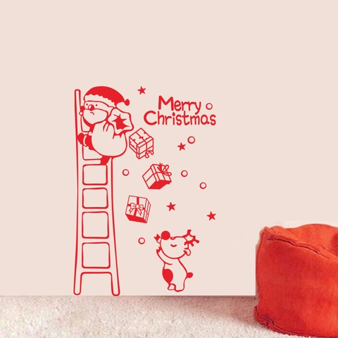 Weihnachten Weihnachtsmann Klettert Leiter Wandaufkleber Rentier Sterne Geschenkboxen PVC Aufkleber Für Schlafzimmer Haus Fenster Deko