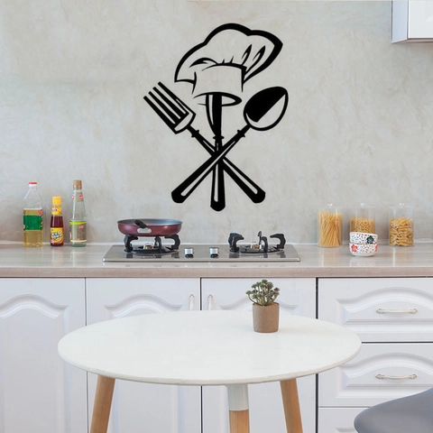 Creative Chef Hat Cutlery Wall Sticker For Kitchen Restaurant Decoration Black PVC Waterproof Removable DIY Art Decal Home Decor