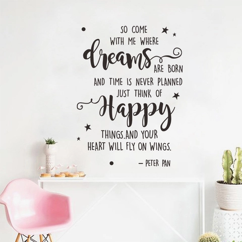 Adesivo Murale Citazione Inglese Ispiratrice Dreams Happy Decalcomania in Vinile PVC Scritta Removibile per Camera da Letto