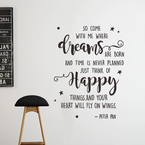 Adesivo Murale Citazione Inglese Ispiratrice Dreams Happy Decalcomania in Vinile PVC Scritta Removibile per Camera da Letto