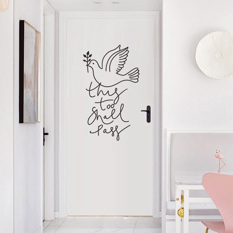 This Too Shall Pass Wall Decal With Peace Dove And Olive Branch Pattern Minimalist PVC Black Line Art Home Decor Wall Sticker
