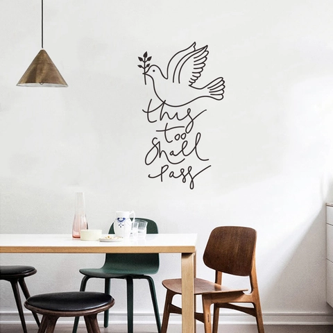 This Too Shall Pass Wall Decal With Peace Dove And Olive Branch Pattern Minimalist PVC Black Line Art Home Decor Wall Sticker