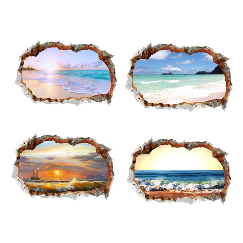 Pegatinas de Pared Efecto Pared Rota 3D Paisaje Playa Océano PVC Autoadhesivas Atardecer Velero Decoración del Hogar
