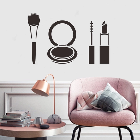 Make-up Schoonheid Muurstickers PVC Cosmetica Hulpmiddelen Silhouetten Borstel Lippenstift Mascara Decals Voor Salon Slaapkamer Decor