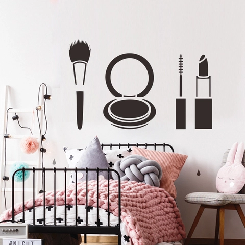 Make-up Schoonheid Muurstickers PVC Cosmetica Hulpmiddelen Silhouetten Borstel Lippenstift Mascara Decals Voor Salon Slaapkamer Decor