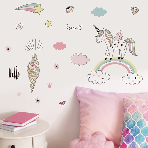 Adesivi Murali Unicorno Arcobaleno Cartone Animato Per Camera Bambini Disegnati Mano PVC Macaron Decalcomanie Murali Decorative Per Asilo