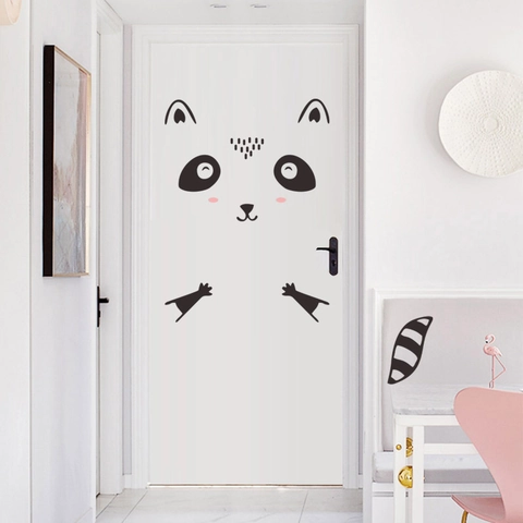 Cute Cartoon Cat Raccoon Wall Stickers DIY Animal Face Door Decals For Kids Room Nursery Bedroom PVC Removable Self Adhesive Home Decor