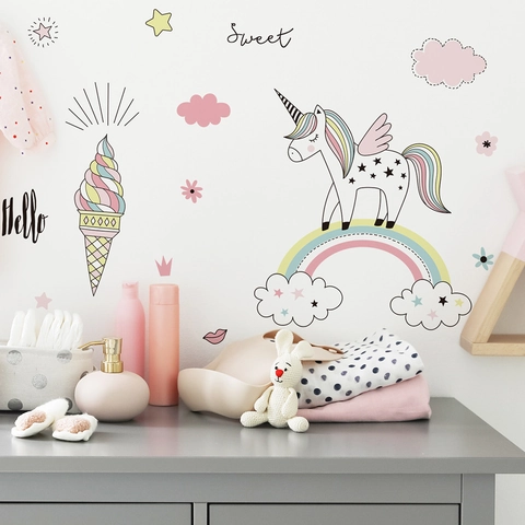Adesivi Murali Unicorno Arcobaleno Cartone Animato Per Camera Bambini Disegnati Mano PVC Macaron Decalcomanie Murali Decorative Per Asilo