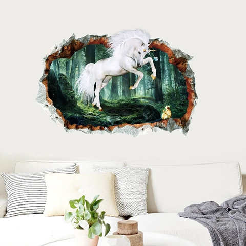 Adesivo Murale 3D Effetto Buco nel Muro Unicorno Foresta PVC Impermeabile Rimovibile Decalcomania Decorativa per Soggiorno