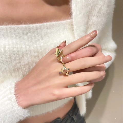 Trendy Adjustable Open Ring Copper Zirconia Paper Airplane Four Pointed Star Pink Heart Gem Fashion Finger Ring Women Jewelry