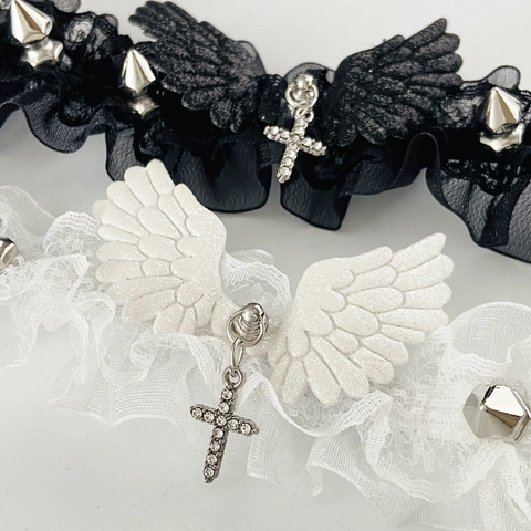 Gothic Lace Choker Necklace For Women Alloy Wing Cross Pendant Punk Rivet Lolita Neckband Retro Party Jewelry Black White