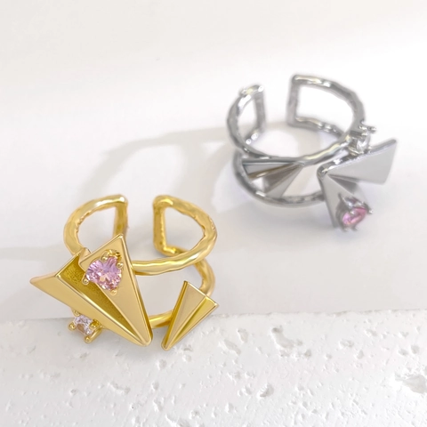 Trendy Adjustable Open Ring Copper Zirconia Paper Airplane Four Pointed Star Pink Heart Gem Fashion Finger Ring Women Jewelry