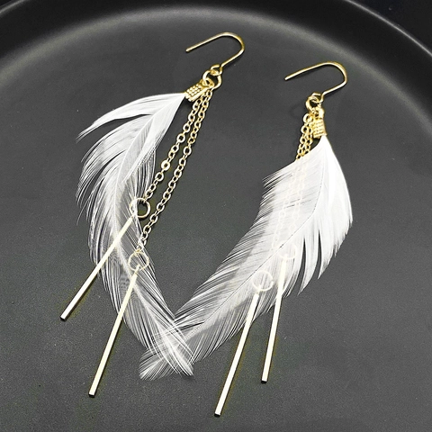 Bohemian Vintage Feather Tassel Drop Earrings For Women Gold Plated Alloy Long Chain Dangle Earrings Ethnic Style Jewelry