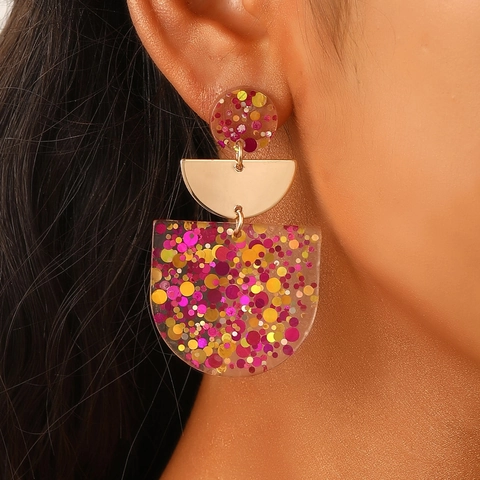Orecchini Pendenti Geometrici Vintage in Acrilico con Paillettes Colorate Gioielli in Ferro Tonalità Oro per Donna Festa