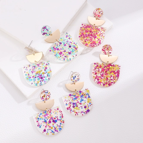 Orecchini Pendenti Geometrici Vintage in Acrilico con Paillettes Colorate Gioielli in Ferro Tonalità Oro per Donna Festa