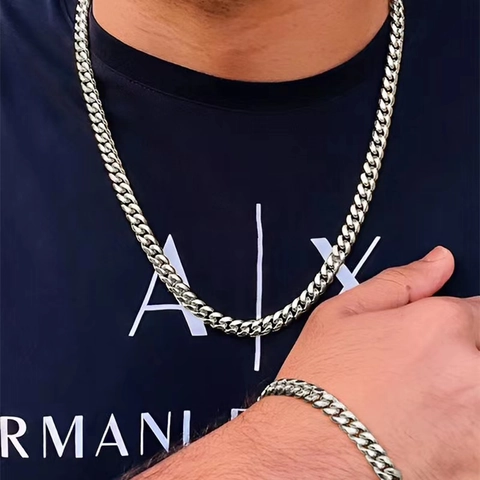 Collana e Bracciale a Maglia Cubana in Metallo Argentato da Uomo Minimalista Hip Hop Punk Catena Spessa Gioielli da Festa