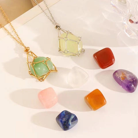 Vintage Interchangeable Natural Stone Crystal Cage Pendant Necklace Geometric Metal Mesh Tassel Chain Necklace For Women Jewelry