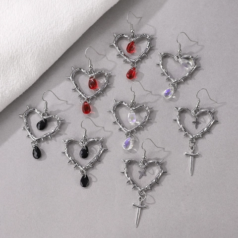 Gothic Punk Dornen Herz Kreuz Ohrhänger Für Damen Zinklegierung Strass Wassertropfen Anhänger Street Fashion Schmuck