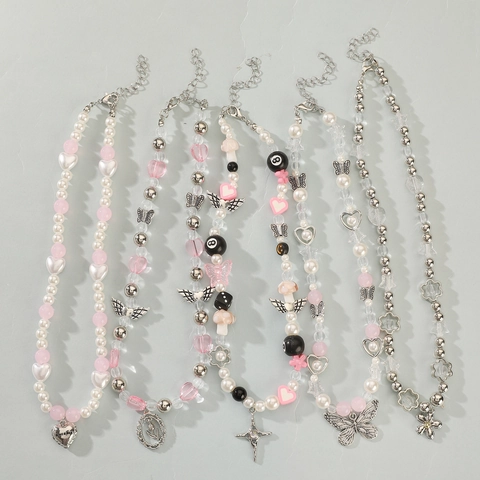 Rétro Gothique Y2K Métal Papillon Croix Étoile Fleur Pendentif Perle Collier de Perles Pour Femmes Bijoux de Mode Tendance