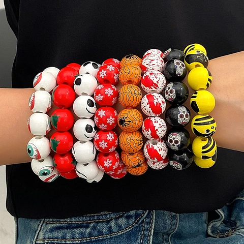 Halloween Christmas Wood Beaded Bracelets For Women Men Skull Spider Web Eye Snowflake Patterns Festive Elastic DIY Jewelry