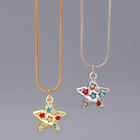 Vintage Y2K Alloy Star Pendant Necklace For Women Fashion Colorful Rhinestone Pentagram Clavicle Chain Jewelry Gift