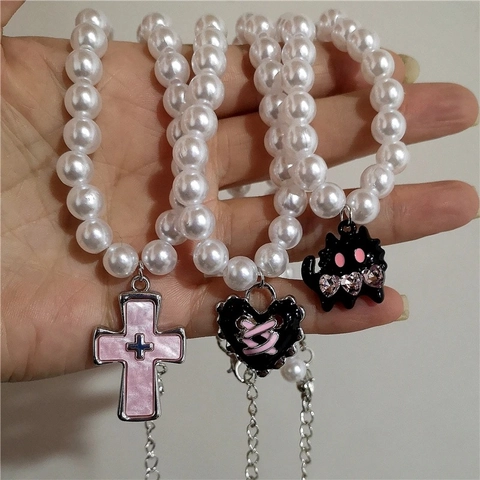 Gothic Vintage Pink Cross Cat Pendant Pearl Beaded Necklace For Women Girls Y2K EMO Aesthetic Charm Jewelry Alloy Necklace