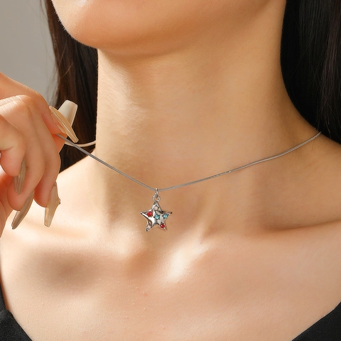 Vintage Y2K Alloy Star Pendant Necklace For Women Fashion Colorful Rhinestone Pentagram Clavicle Chain Jewelry Gift