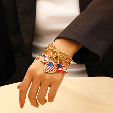 USA Flag Independence Day Alloy Enamel Heart Star Chain Bracelet With Toggle Clasp Red White Blue Rhinestone Patriotic Jewelry Women Men
