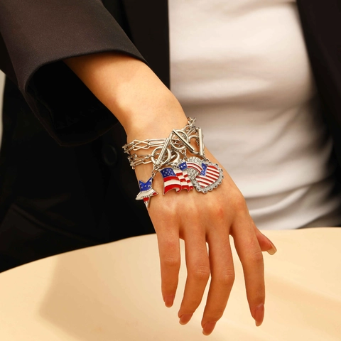 USA Flag Independence Day Alloy Enamel Heart Star Chain Bracelet With Toggle Clasp Red White Blue Rhinestone Patriotic Jewelry Women Men