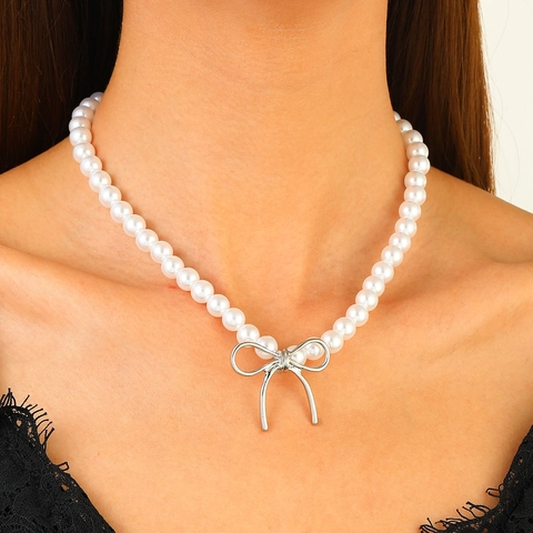 Bowknot Artificial Pearl Necklace Alloy Silver Gold Plated Bow Pendant Clavicle Chain For Women Fashion Jewelry Decoration