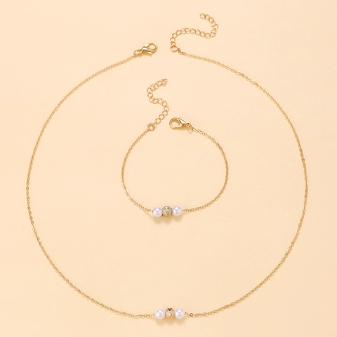 Minimalist Alloy Faux Artificial Pearl Necklace And Bracelet Set For Women Fashion Gold Plated Textured Bead Choker Jewelry Gift