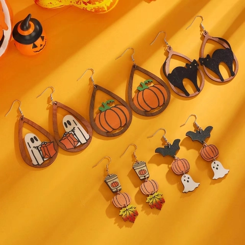 Gothic Halloween Wooden Drop Earrings Ghost Pumpkin Black Cat Bat Coffee Cup Funny Holiday Jewelry For Women Girls
