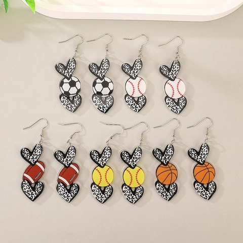 Acryl Leopardenherz Sportball Schmuckset Für Damen Basketball Fußball Baseball Rugby Ohrringe Halskette Armband Sportliches Zubehör