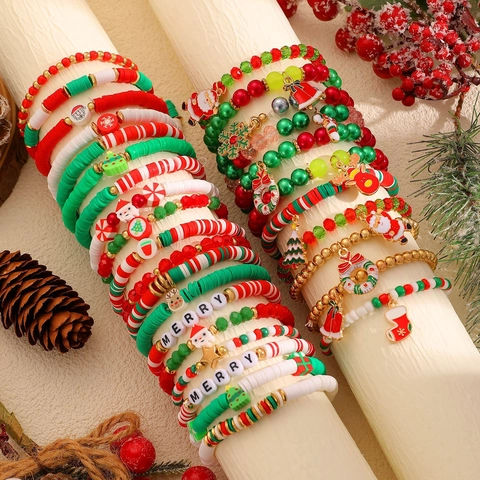 Bracelets en Perles de Pâte Polymère de Noël Père Noël Renne Flocon de Neige Cloche pour Femmes Hommes Bijoux Festifs Perles Heishi Colorées Faits à la Main