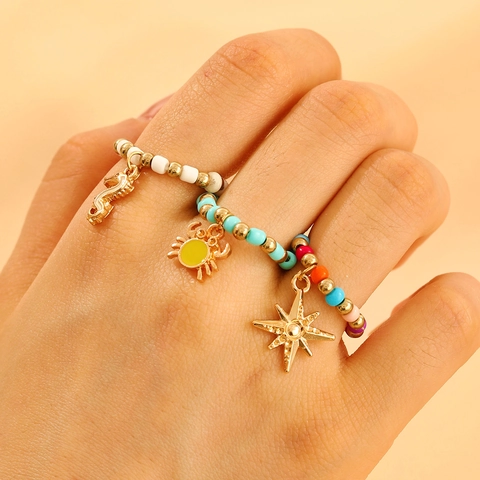 Handmade Beaded Ring Collection For Women Colorful Seed Beads Elastic Finger Rings Gold Alloy Seahorse Crab Star Charms