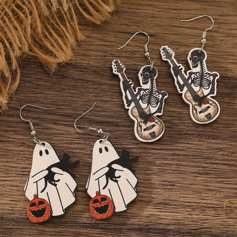 Halloween Gothic Wooden Skeleton Flamingo Pumpkin Ghost Drop Earrings For Women Printed Festive Party Jewelry Earrings