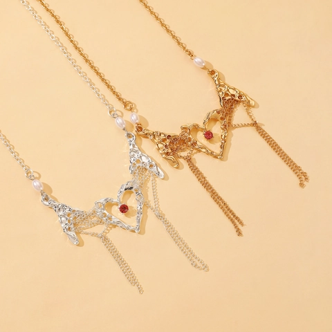 Liquid Metal Heart Tassel Necklace With Artificial Pearl Alloy Cool Subculture Zirconia Pendant Choker For Women Jewelry Gift